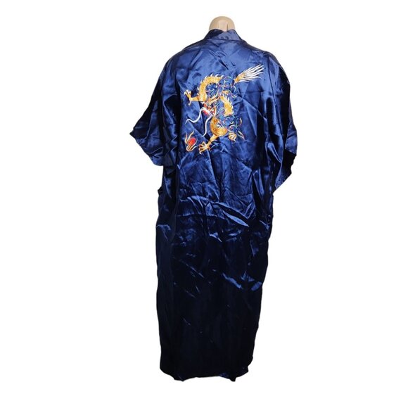 Vintage Asian Silk Kimono Robe Embroidered Dragon Blue Long Size Medium - Picture 3 of 9